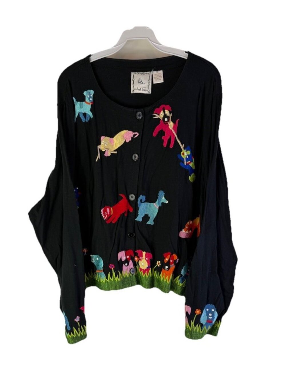 Vintage 90s Michael Simon Lite Puppy Dog Rainbow Knit Cardigan Sweater